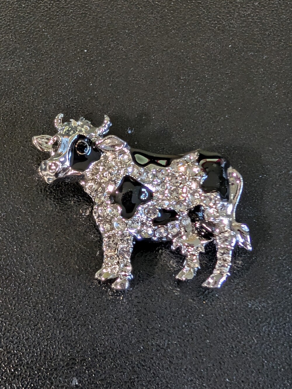 Sparkling Cow Pin Brooch - Silver and Black